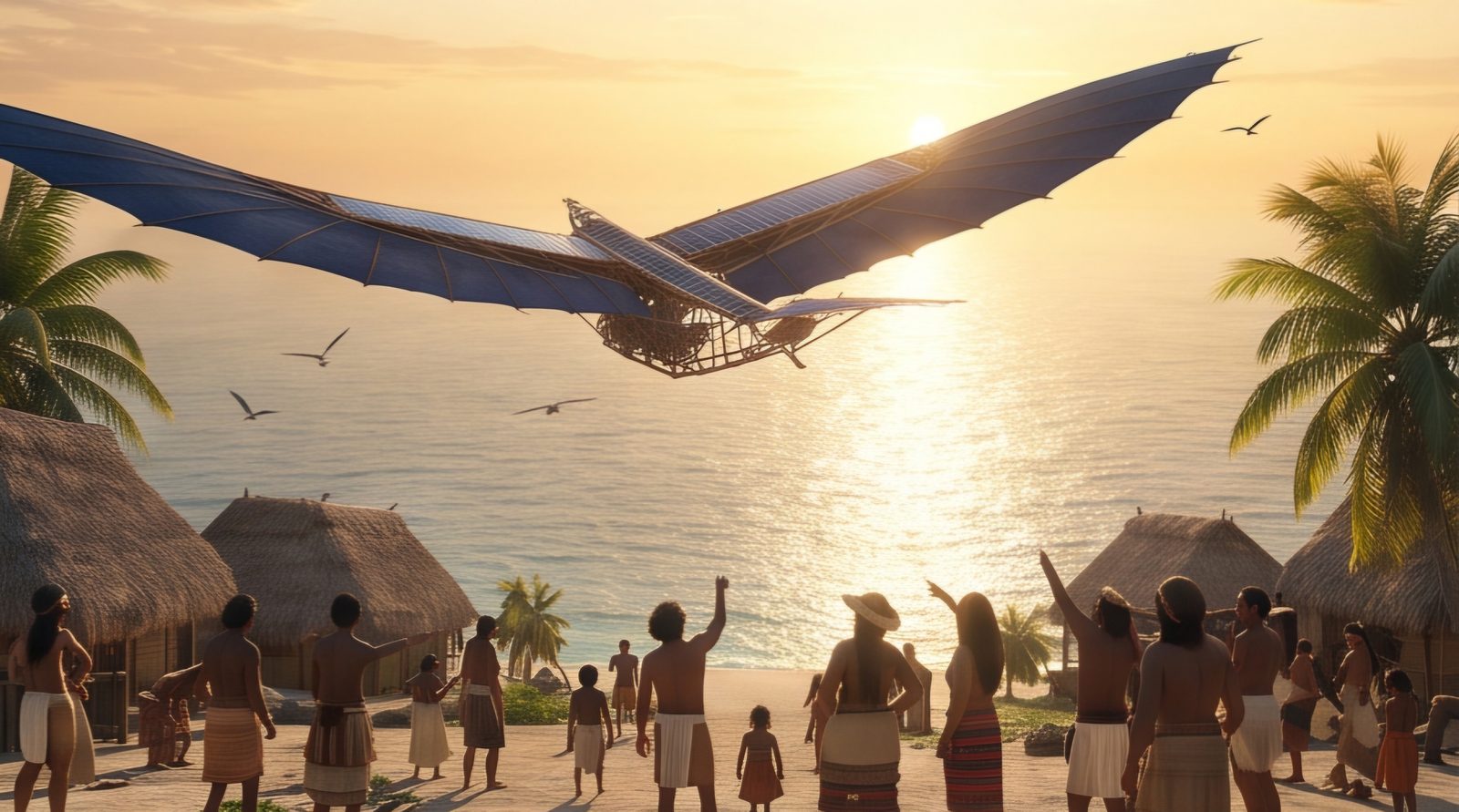 The Inti Condor, a sun-powered flying machine, passing over a village by the sea as people wave