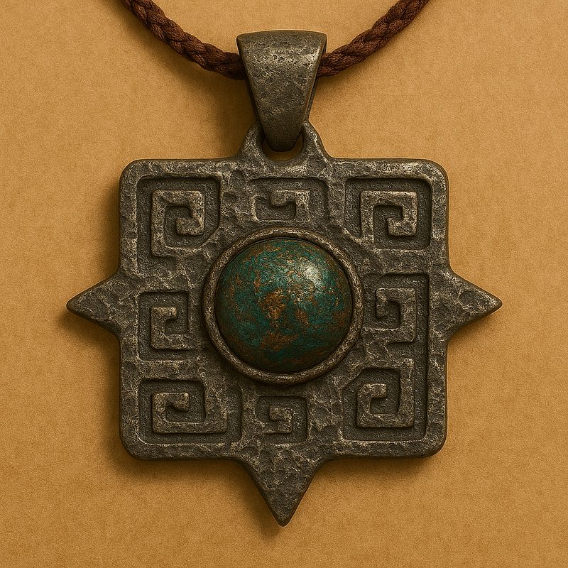 Eyamari, a carved stone pendant with a glowing center